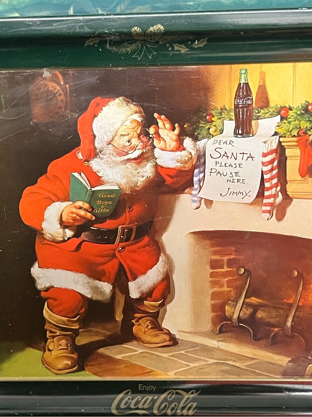 Coca-Cola Metal Serving Tray Santa Claus Fireplace "Enjoy Coca-Cola" Green
